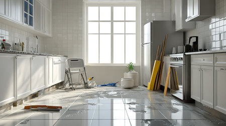 A partially tiled kitchen floor with adhesive tools and uninstalled appliances nearby.の素材