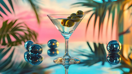 A classic dry martini with olives, placed on a reflective surface with a bright tropical background.の素材