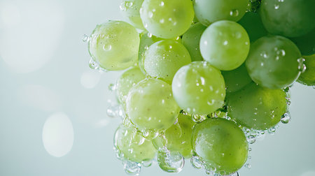 A natural green grape cluster with water droplets, isolated on a clean white background to emphasize freshness.の素材