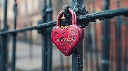 A close-up of a red heart lock engraved with Forever Love attached to a fence.の素材