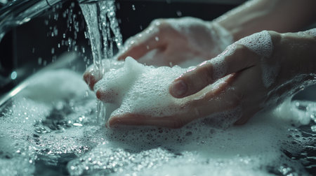 A pair of hands washing with soap under running water in a modern bathroom, with foam bubbles forming around the hands.の素材