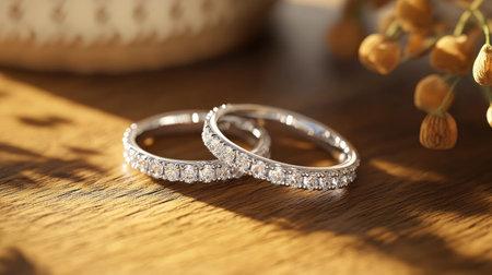 A pair of diamond wedding bands on a wooden table with soft natural light, evoking a timeless elegance.の素材