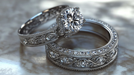 A pair of luxury diamond wedding rings with detailed engravings, displayed on a minimalistic, elegant background.の素材