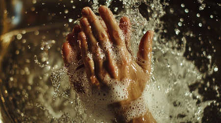 Hands covered in soap being washed under running water, with clear, sparkling water splashing over them in a well-lit bathroom.の素材
