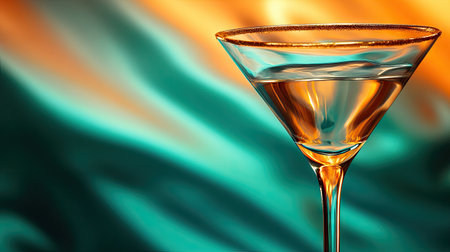 An elegant martini glass with a golden rim, against a vibrant teal and orange abstract background.の素材