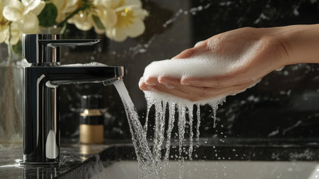 A person washing their hands under running water, with soap lathering and droplets visibly flowing off their hands in a clean bathroom.の素材