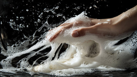 Hands washing with soap under running water from a modern bathroom faucet, with soap foam forming and water gently flowing.の素材