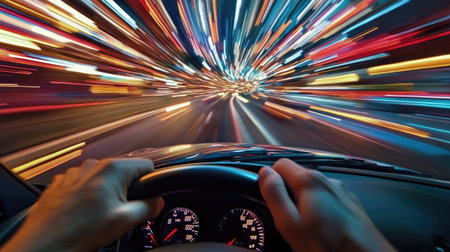 A person's hand gripping a steering wheel firmly as the car accelerates on an open highway with blurred motion.の素材