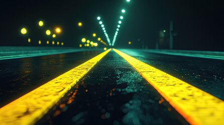 A nighttime view of a road with yellow lines reflecting the glow of distant streetlights.の素材