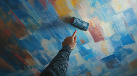 A person's hand gripping a roller while painting a ceiling in a modern home renovation setting.の素材