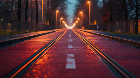 An empty red track under the soft glow of streetlights, with clear lane markings visible.の素材