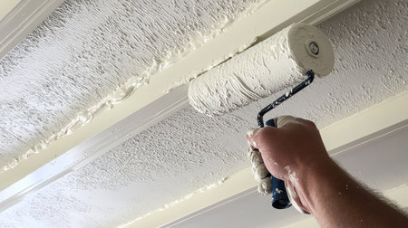A painter's hand holding a roller loaded with white paint, focusing on smooth coverage for a ceiling.の素材