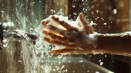 A pair of hands scrubbing with soap and rinsing under running water in a well-lit bathroom, with clear water splashing around.の素材