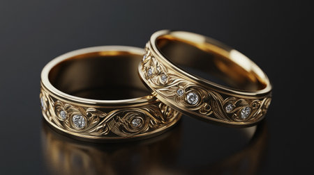 A pair of luxury diamond wedding rings with detailed engravings, displayed on a minimalistic, elegant background.の素材