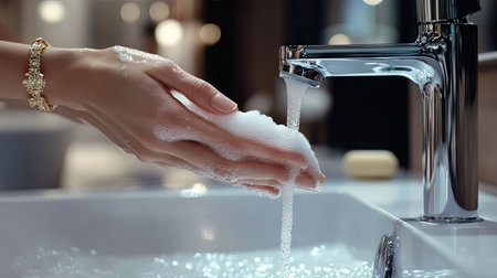 Hands being thoroughly washed with soap under running water in a clean and modern bathroom with a gleaming sink and faucet.の素材
