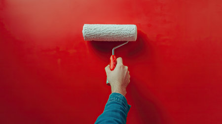 A painter's hand holding a roller loaded with white paint, focusing on smooth coverage for a ceiling.の素材