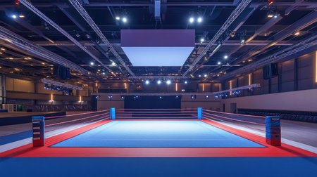 A clean, empty boxing ring with red and blue corners under bright overhead lights in a large sports arena.の素材