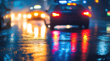 Police car lights flashing in the background of a dark city street, casting colorful reflections on rain-soaked roads.の素材