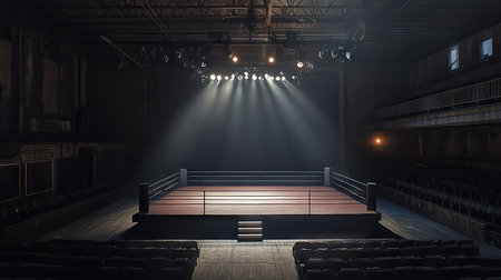 An empty boxing ring with a spotlight focused on the center, surrounded by a dark and empty audience area.の素材