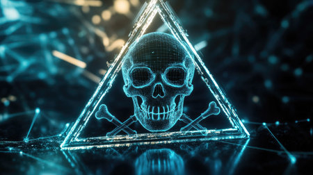 A digital skull and crossbones inside a warning triangle, symbolizing a cyber threat.の素材