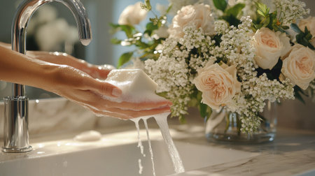 Hands being thoroughly washed with soap under running water in a clean and modern bathroom with a gleaming sink and faucet.の素材