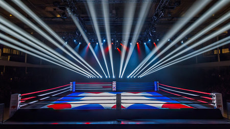 A boxing ring with red, white, and blue ropes, brightly lit by intense spotlights from above.の素材