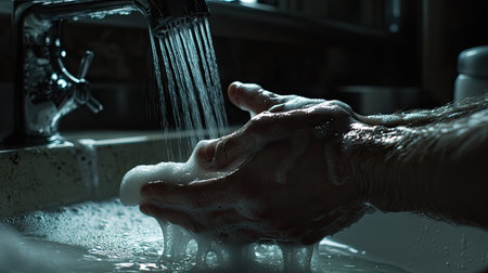 A person's hands scrubbing with soap under a stream of running water, with the sink and faucet reflecting the bright light.の素材
