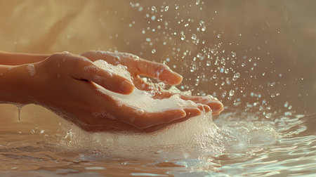 A person's hands, lathered in soap, rinsing under a clear stream of water with droplets splashing on the countertop.の素材