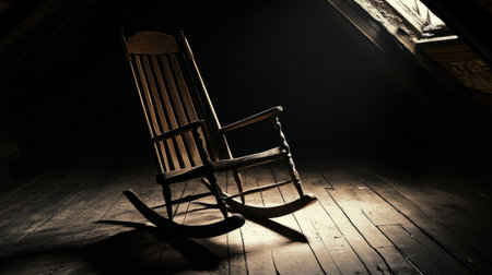 An old rocking chair sits alone in a pitch-black attic, faint light filtering through cracked boards.の素材