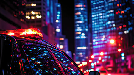 Police car lights reflecting off the windows of a city skyscraper, creating a dramatic, high-stakes atmosphere in a nighttime scene.の素材