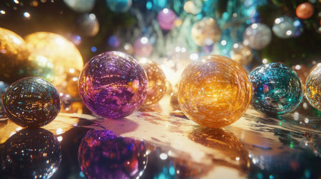 A D-rendered scene with vibrant, glass-like spheres arranged in an elegant composition.の素材