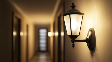 A classic lantern-style wall lamp glowing softly in a dimly lit hallway.の素材