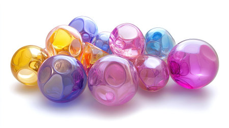 A cluster of glossy spheres in bright pastel hues arranged in a dynamic, geometric design.の素材