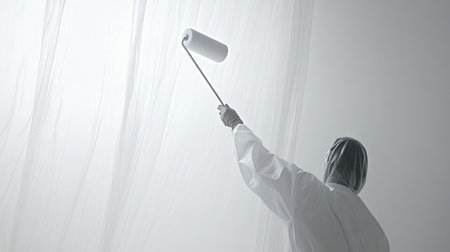 A painter's hand using a long-handled roller to apply fresh white paint to a high ceiling.の素材
