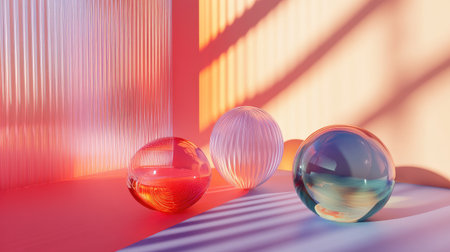 A D-rendered scene with vibrant, glass-like spheres arranged in an elegant composition.の素材