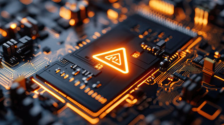 A circuit board with a flashing caution icon, indicating cybersecurity risk.の素材