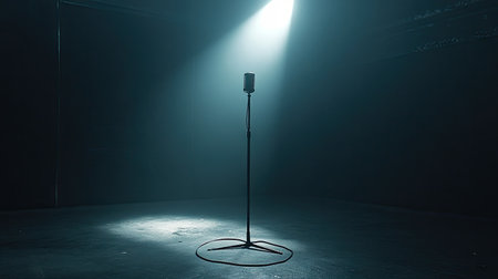 A cinematic studio setup with a single bright spotlight on a lonely microphone stand.の素材