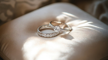 Two elegant diamond rings on a soft velvet pillow with light shining off the diamonds in a romantic atmosphere.の素材