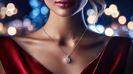 A woman in elegant evening attire wearing a diamond pendant necklace, with the pendant glimmering under the lights.の素材