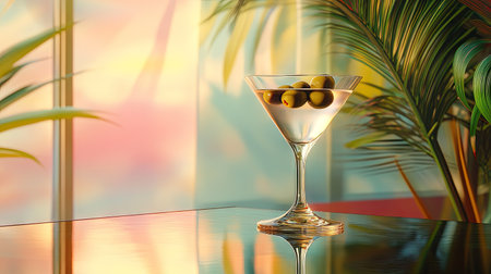 A classic dry martini with olives, placed on a reflective surface with a bright tropical background.の素材