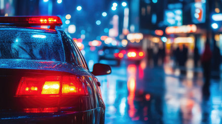 Police car lights flashing in the middle of a city street at night, with reflections on the wet road and illuminated storefronts in the background.の素材