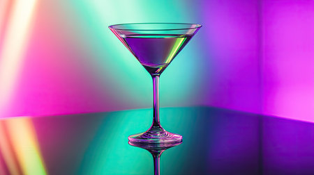 A classic martini glass on a glossy surface reflecting a neon-lit purple and green backdrop.の素材