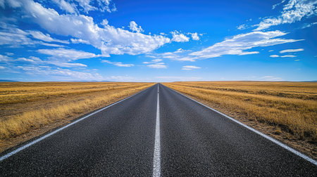An empty running track with clear white lane markings stretching into the distance under a bright blue sky.の素材