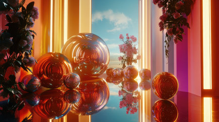 A D-rendered scene with vibrant, glass-like spheres arranged in an elegant composition.の素材