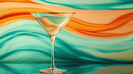 An elegant martini glass with a golden rim, against a vibrant teal and orange abstract background.の素材