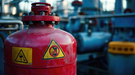 A close-up of a red flammable gas cylinder with warning symbols in an industrial yard.の素材