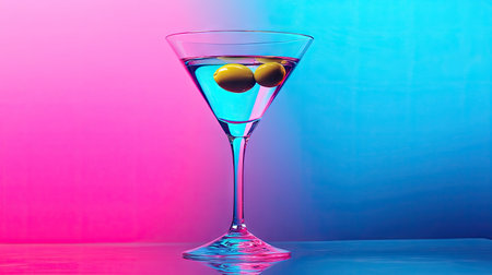 A classic martini in a crystal-clear glass with olives, set against a vibrant neon pink and blue background.の素材