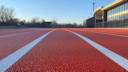 A close-up of the freshly painted lines on a red running track, with no one in sight.の素材