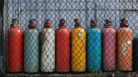 A collection of color-coded gas cylinders stored safely in a fenced industrial area.の素材