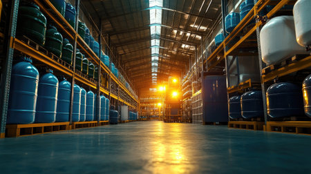 A brightly lit industrial warehouse with rows of compressed gas tanks stored for distribution.の素材
